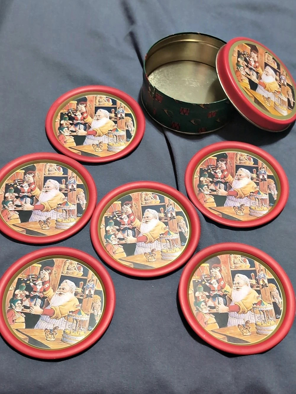 Vintage Christmas Santa's Workshop Metal Coaster Set Willits *C6